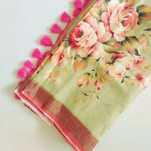 Pure Linen Floral Saree in Pista