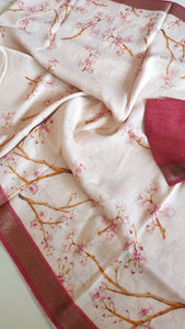 Pure Linen Floral Saree in Pink Ivory