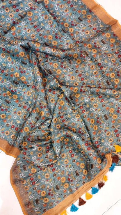 Pure Linen Kalamkari Saree in Teal