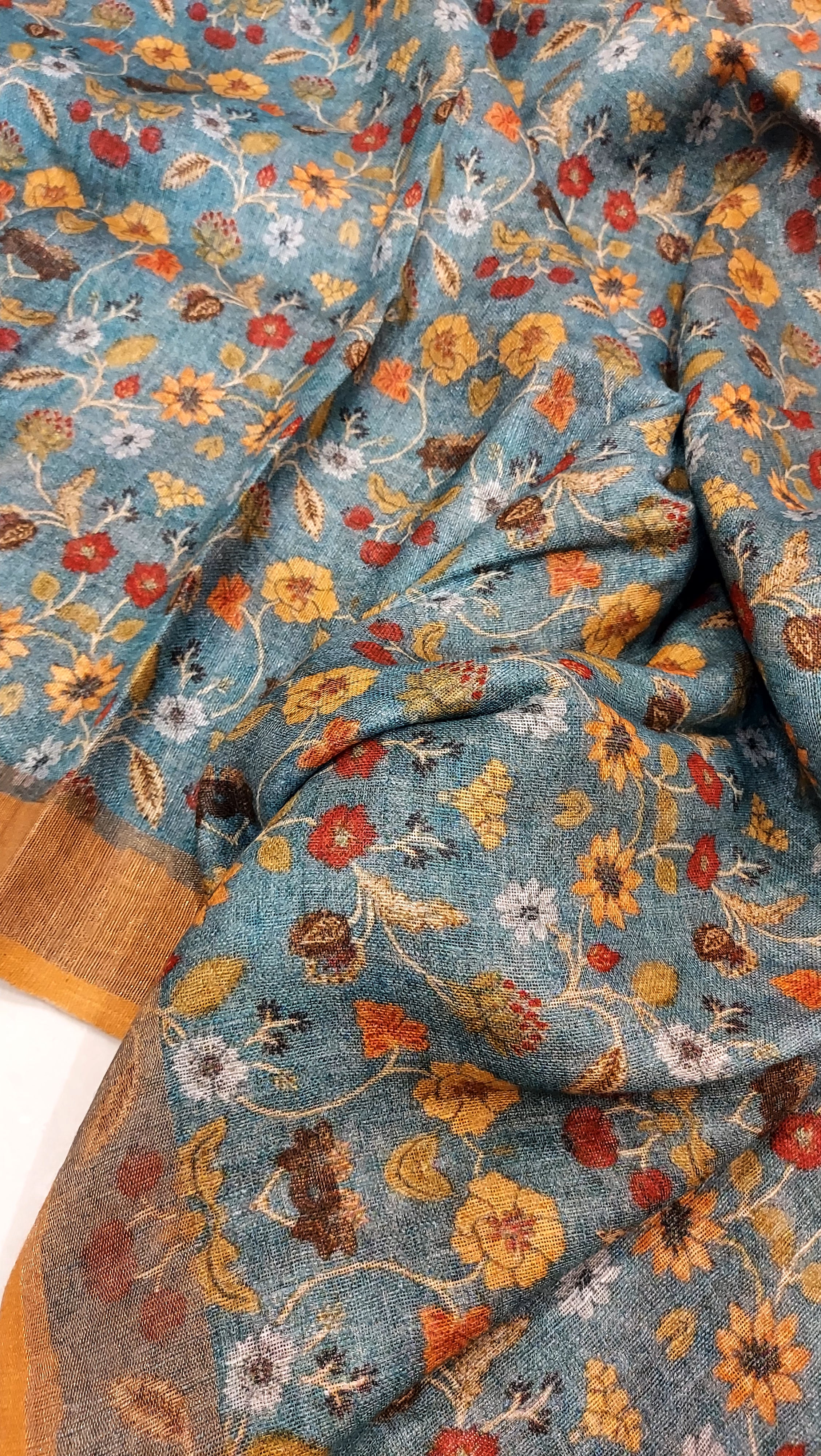 Pure Linen Kalamkari Saree in Teal