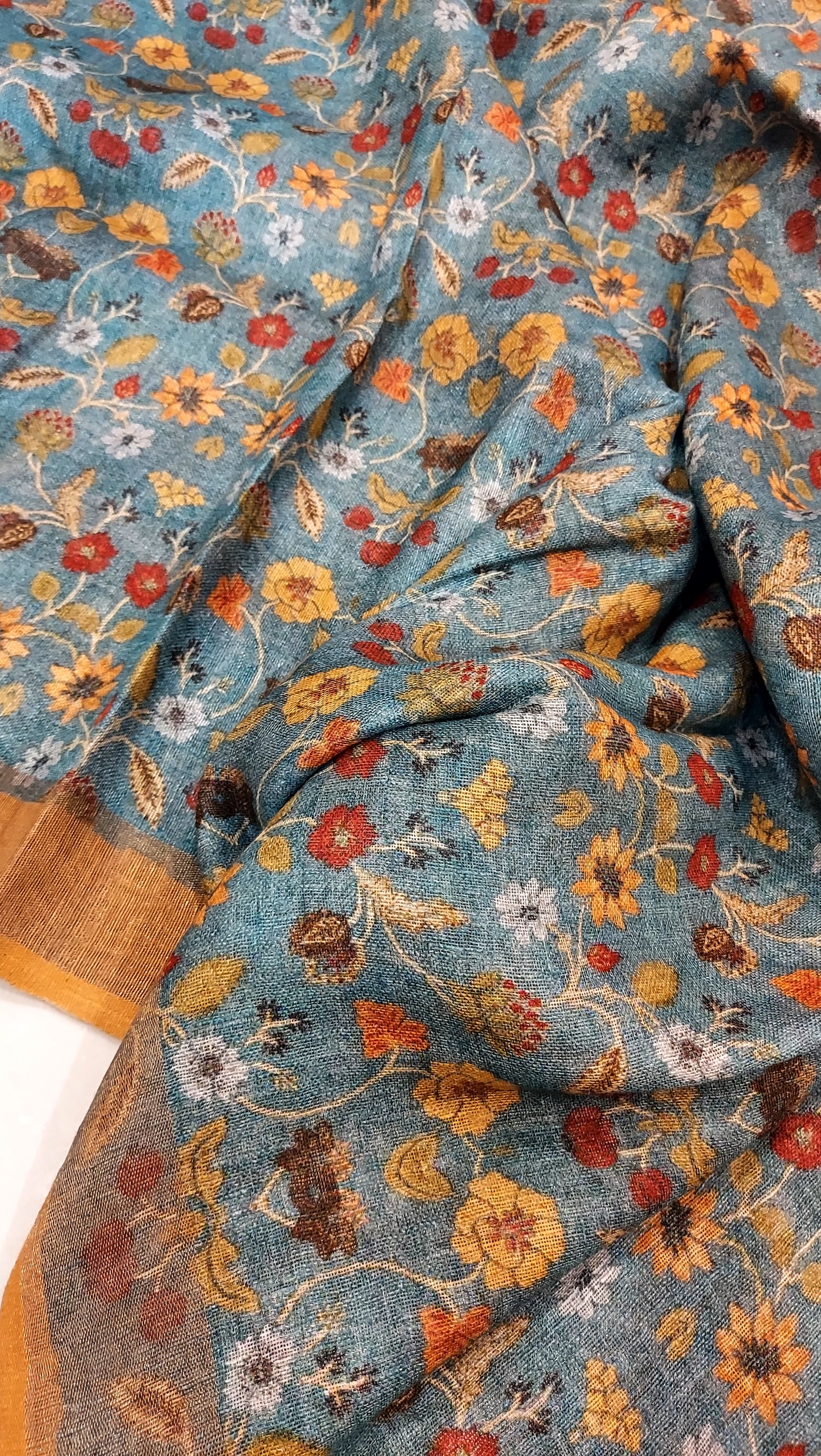 Pure Linen Kalamkari Saree in Teal