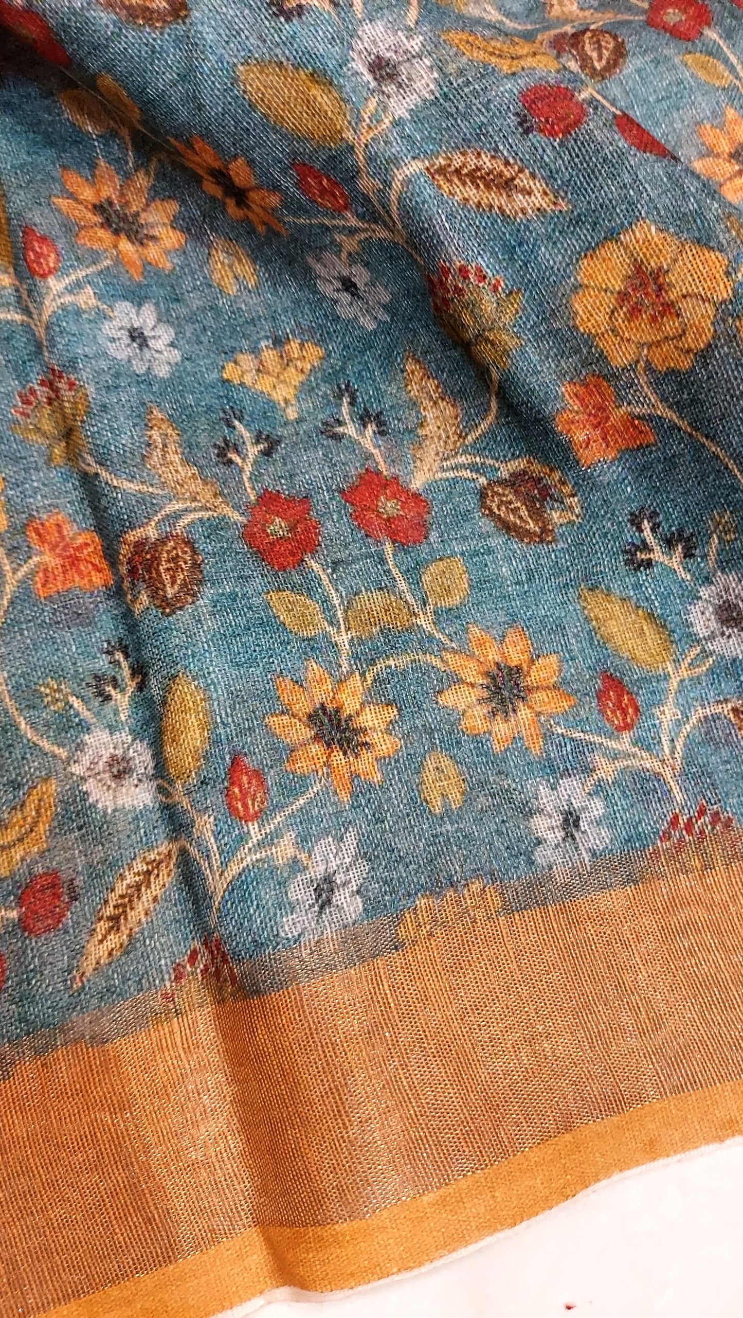 Pure Linen Kalamkari Saree in Teal