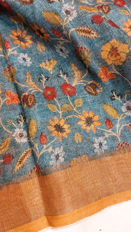 Pure Linen Kalamkari Saree in Teal