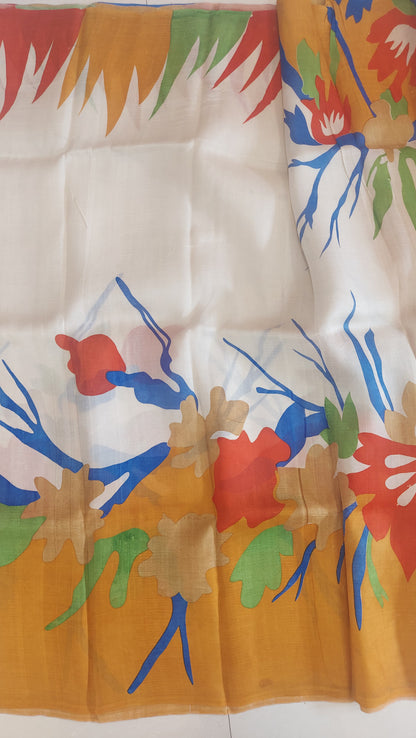 Murshidabad Pure Silk Sarees Hand block Print- Cream and Multi Color