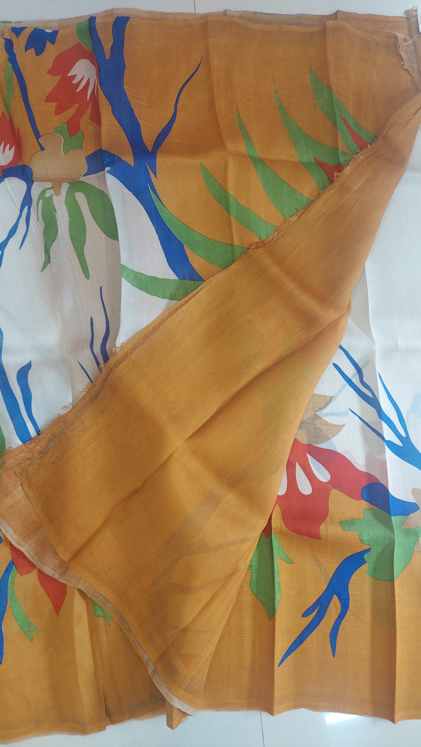 Murshidabad Pure Silk Sarees Hand block Print- Cream and Multi Color