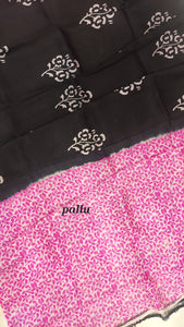 Murshidabad Pure Silk Sarees Hand block Print- Black Pink Patli Pallu