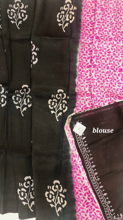 Murshidabad Pure Silk Sarees Hand block Print- Black Pink Patli Pallu