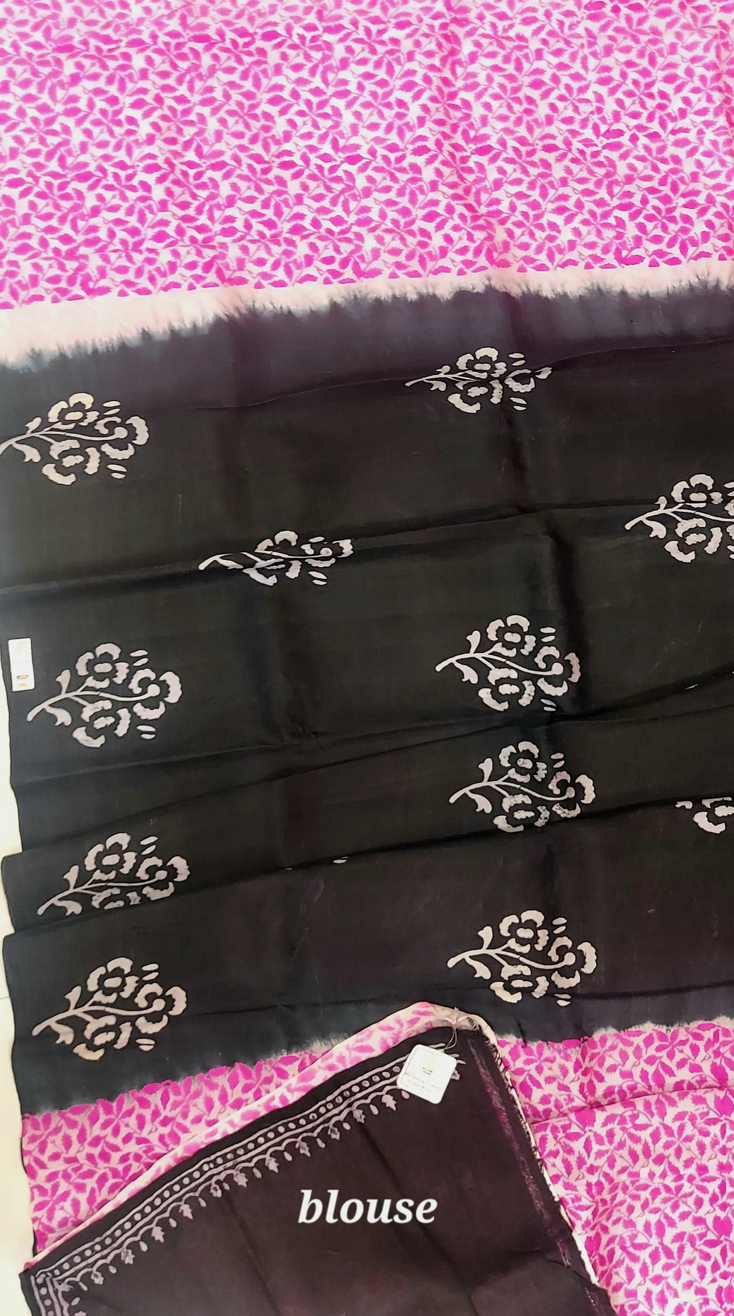 Murshidabad Pure Silk Sarees Hand block Print- Black Pink Patli Pallu