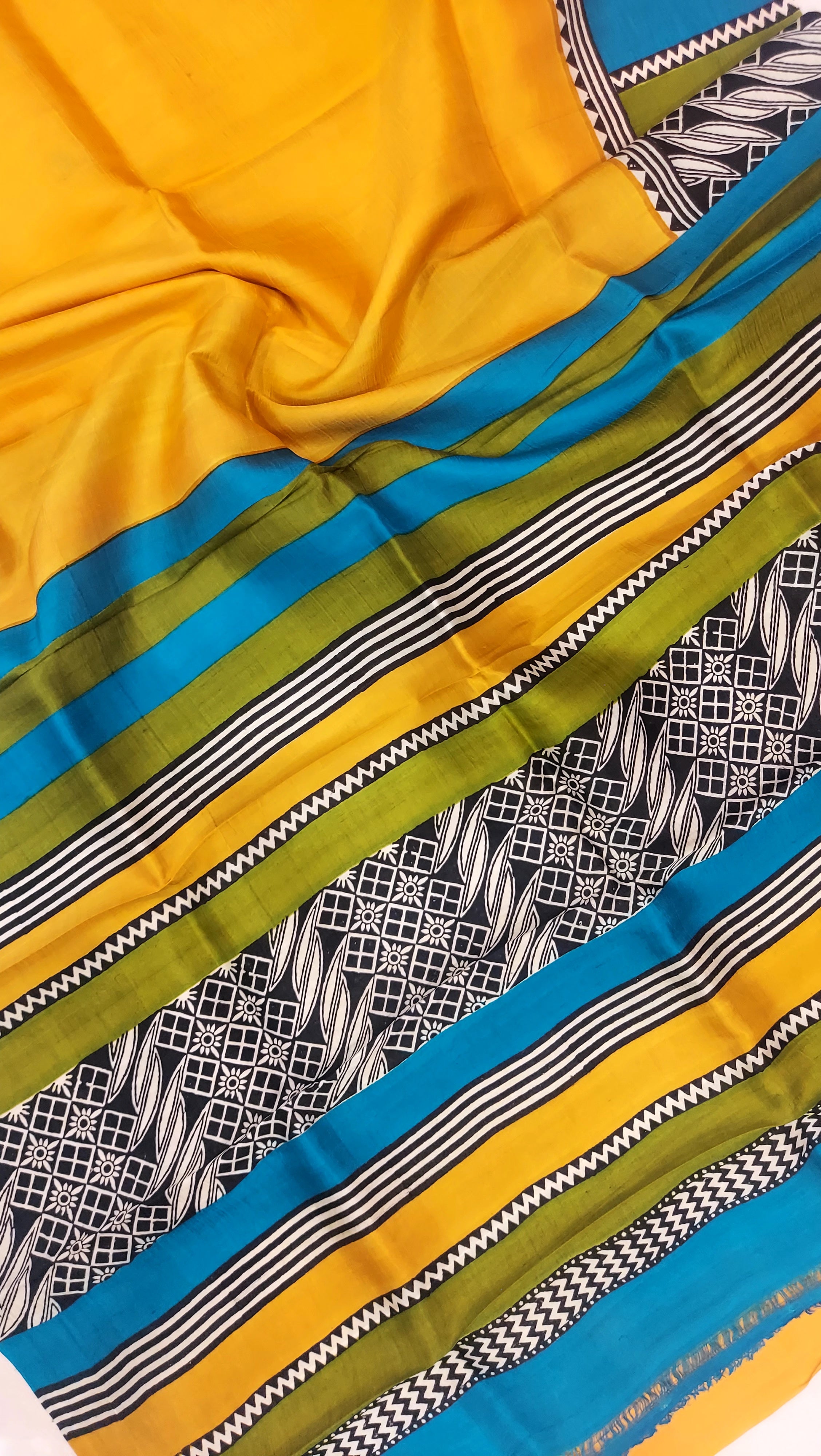 Murshidabad Pure Silk Sarees Hand block Print- Yellow