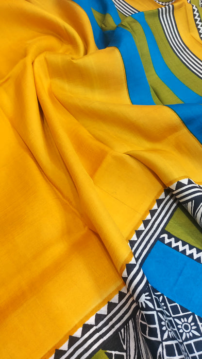 Murshidabad Pure Silk Sarees Hand block Print- Yellow