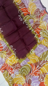 Murshidabad Pure Silk Saree With Hand Wax Batik- Deep Plum