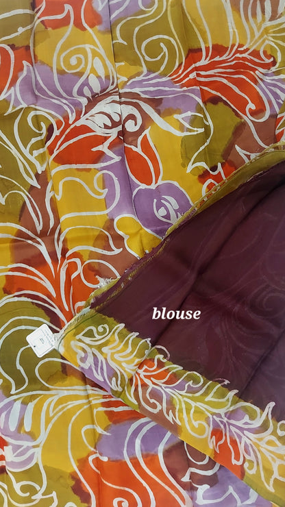 Murshidabad Pure Silk Saree With Hand Wax Batik- Deep Plum