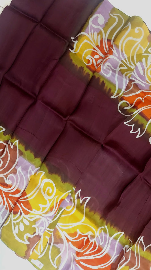 Murshidabad Pure Silk Saree With Hand Wax Batik- Deep Plum