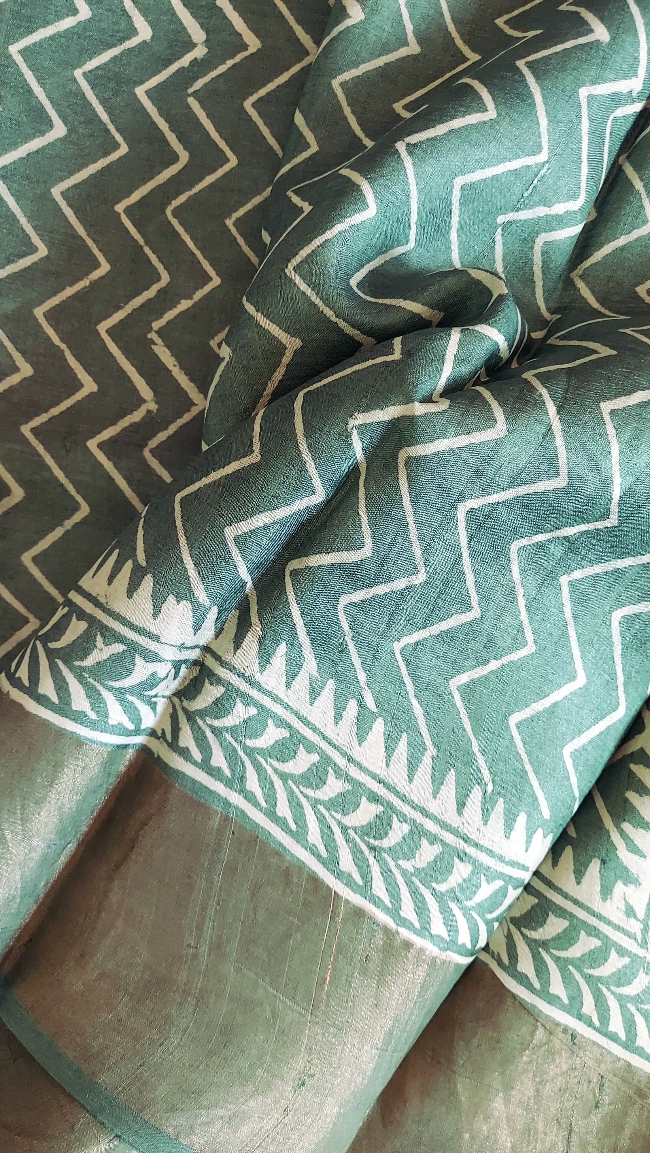 Pure Tussar Silk Sarees Handblock Print-English Green