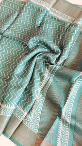 Pure Tussar Silk Sarees Handblock Print-English Green