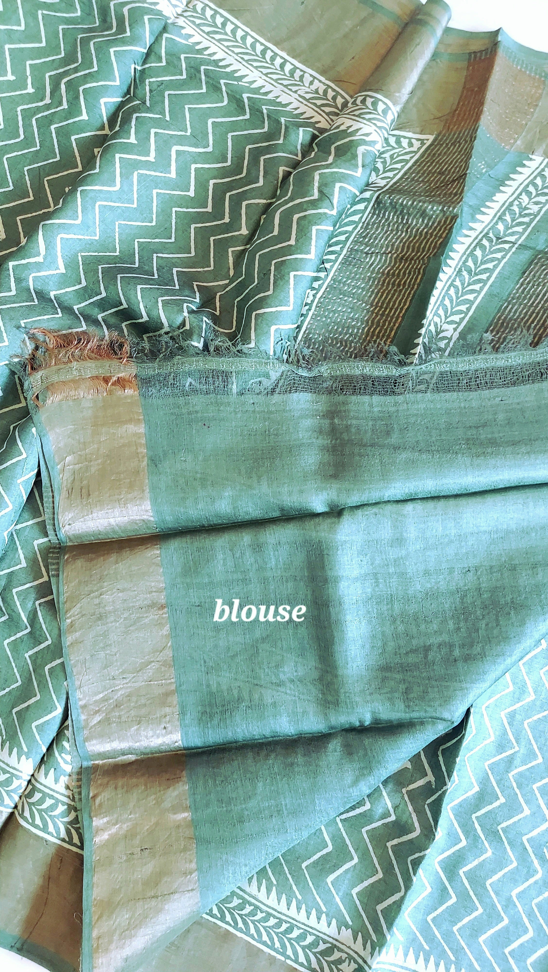 Pure Tussar Silk Sarees Handblock Print-English Green