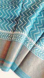 Load image into Gallery viewer, Pure Tussar Silk Saree Handblock Print- Steel Blue
