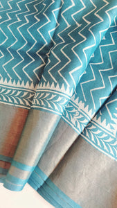 Pure Tussar Silk Saree Handblock Print- Steel Blue