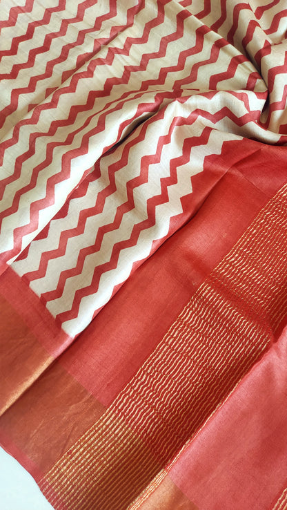 Pure Tussar Silk Saree Hand Block Print- Beige-Red