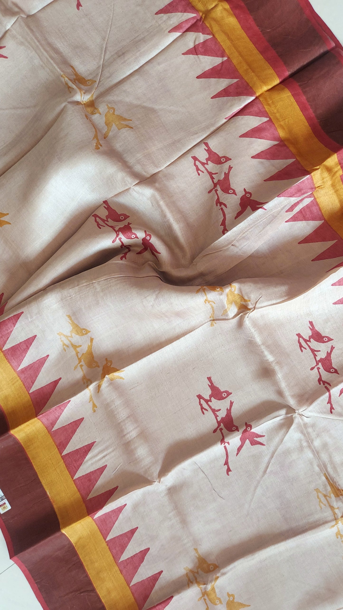 Pure Tussar Silk Saree Hand Block Print- Beige