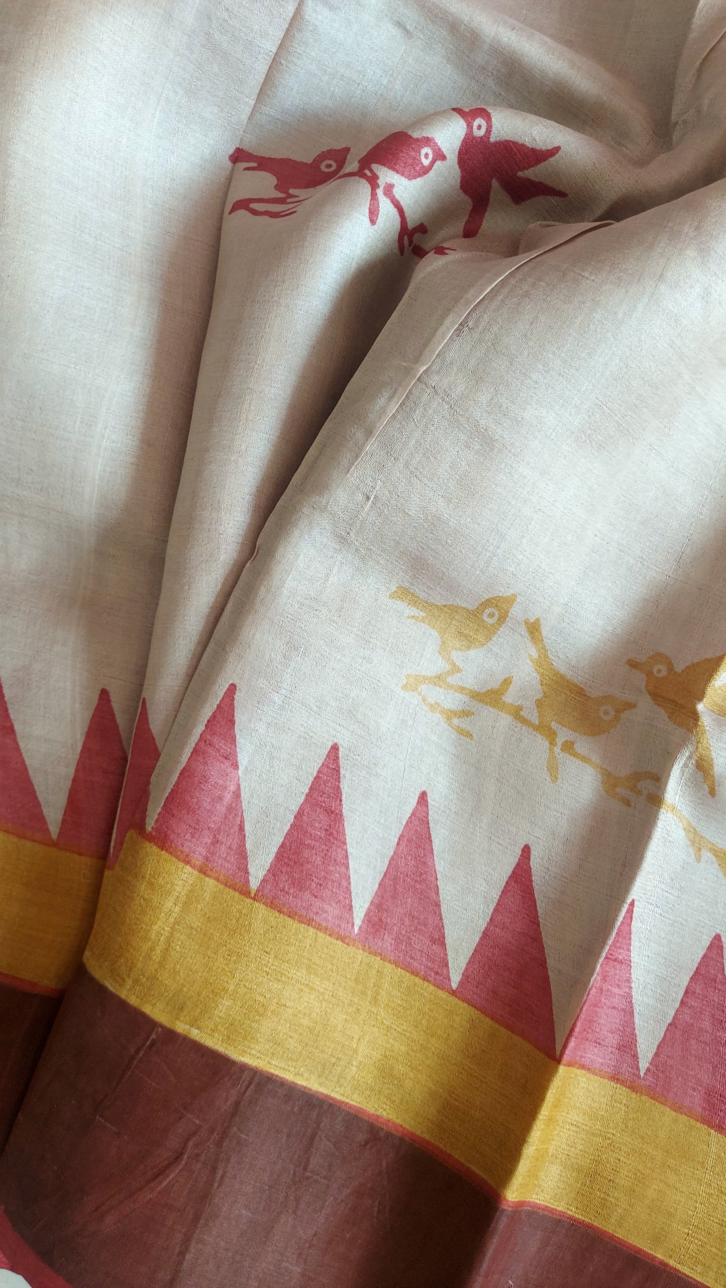 Pure Tussar Silk Saree Hand Block Print- Beige