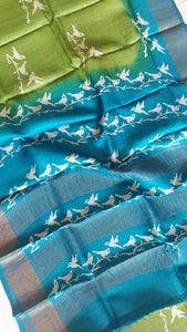 Pure Tussar Silk Saree Handblock Print- Green