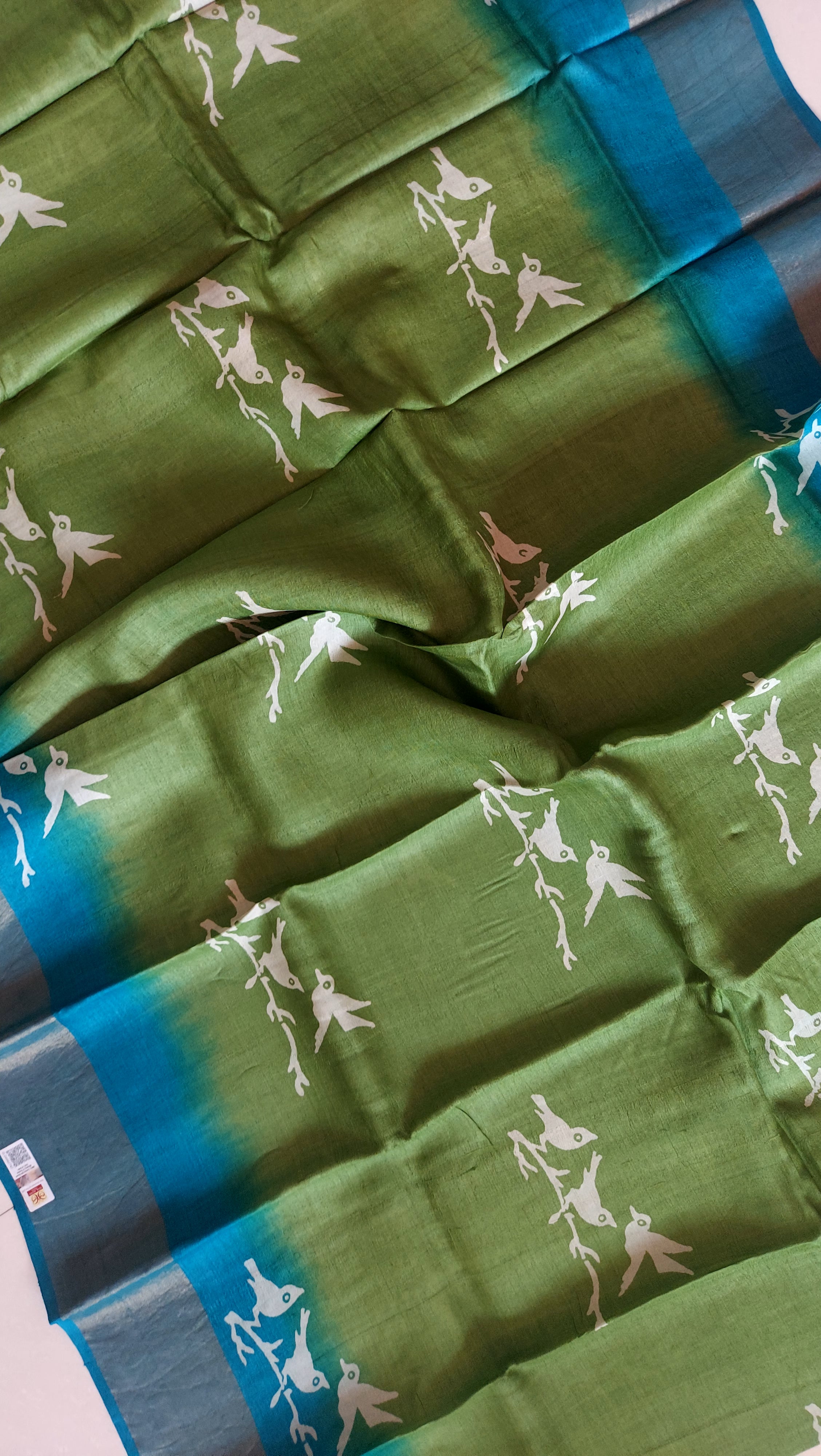 Pure Tussar Silk Saree Handblock Print- Green