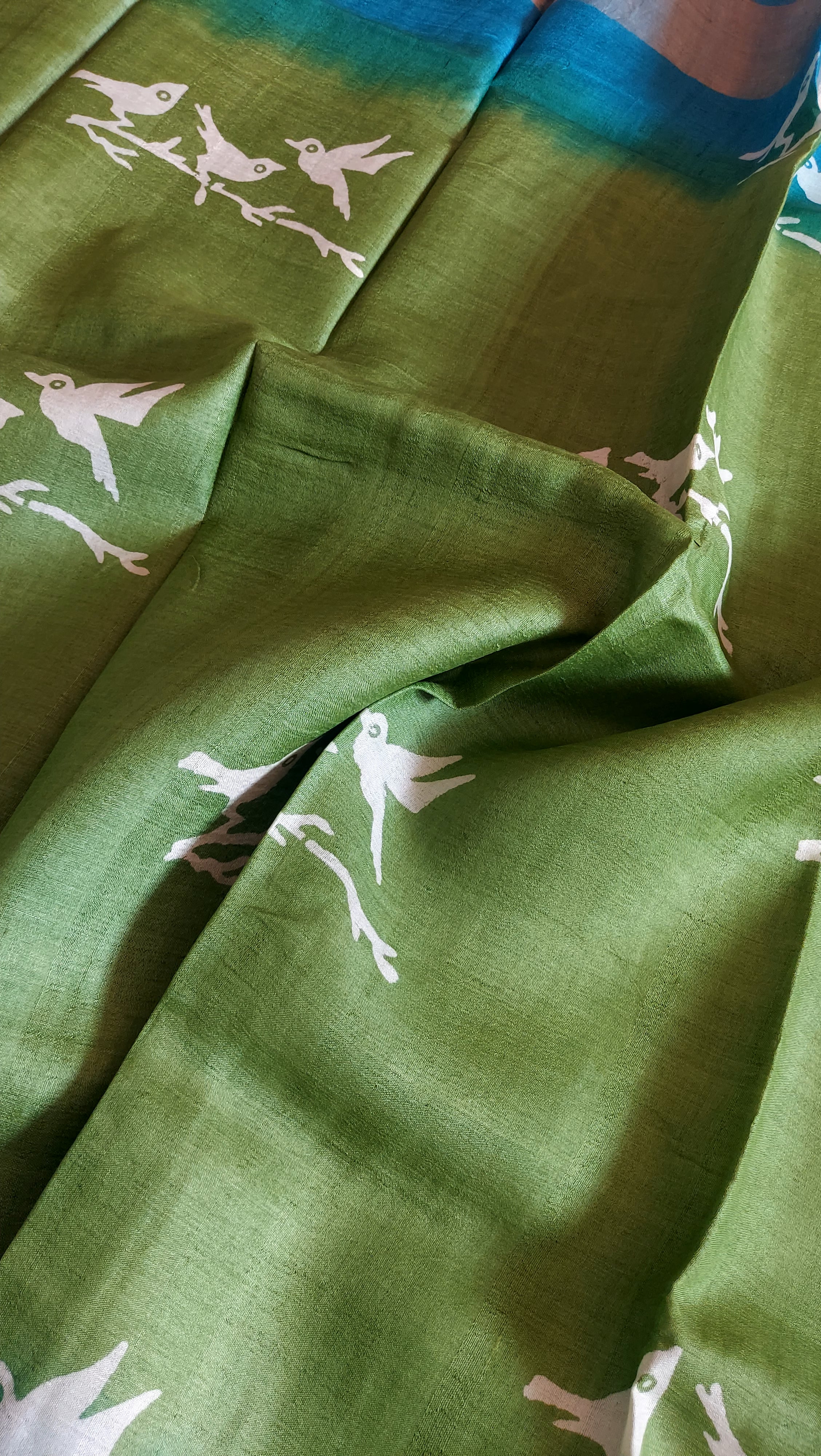 Pure Tussar Silk Saree Handblock Print- Green