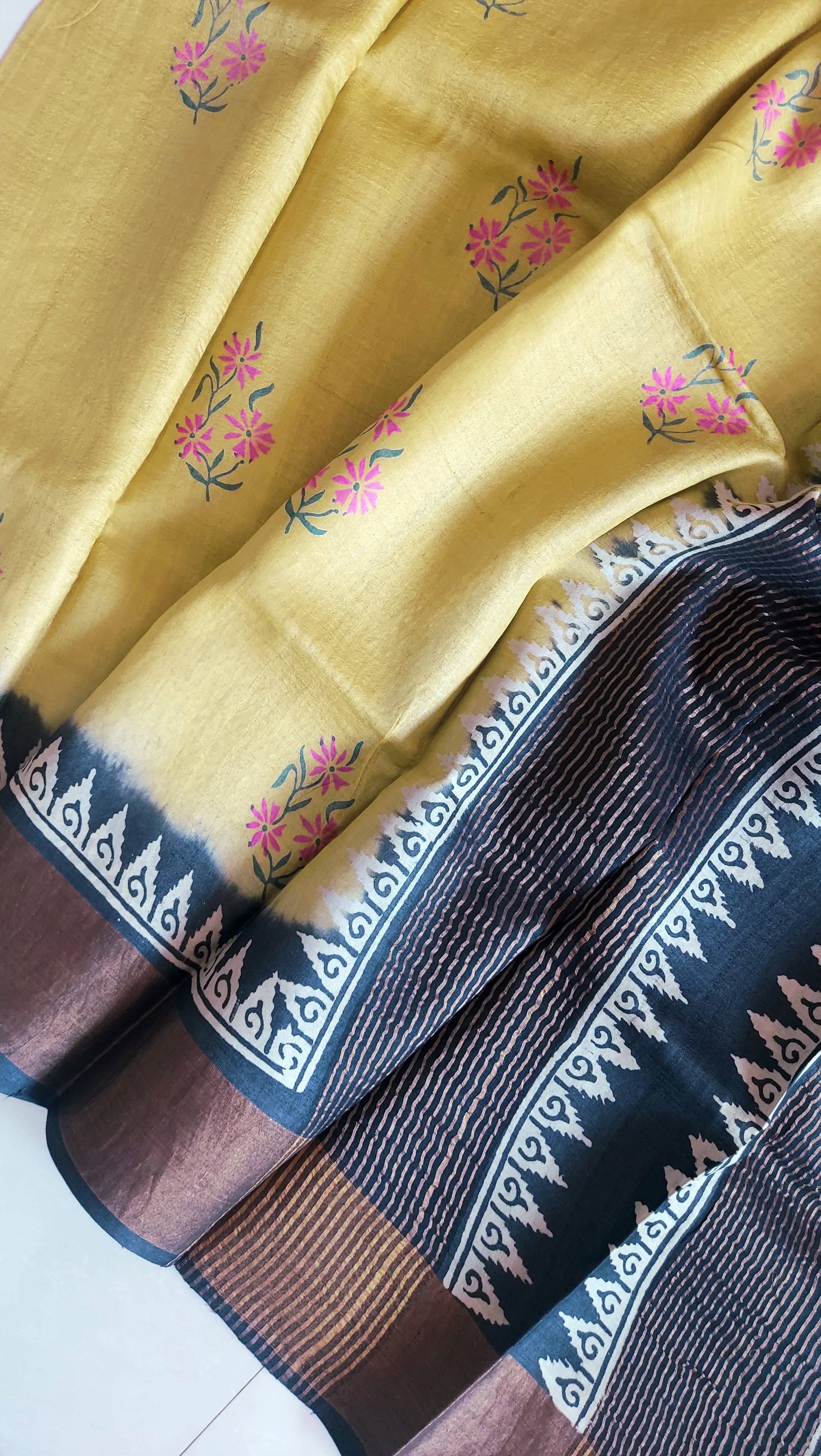 Pure Tussar Silk Saree Handblock Print - Mustard Yellow