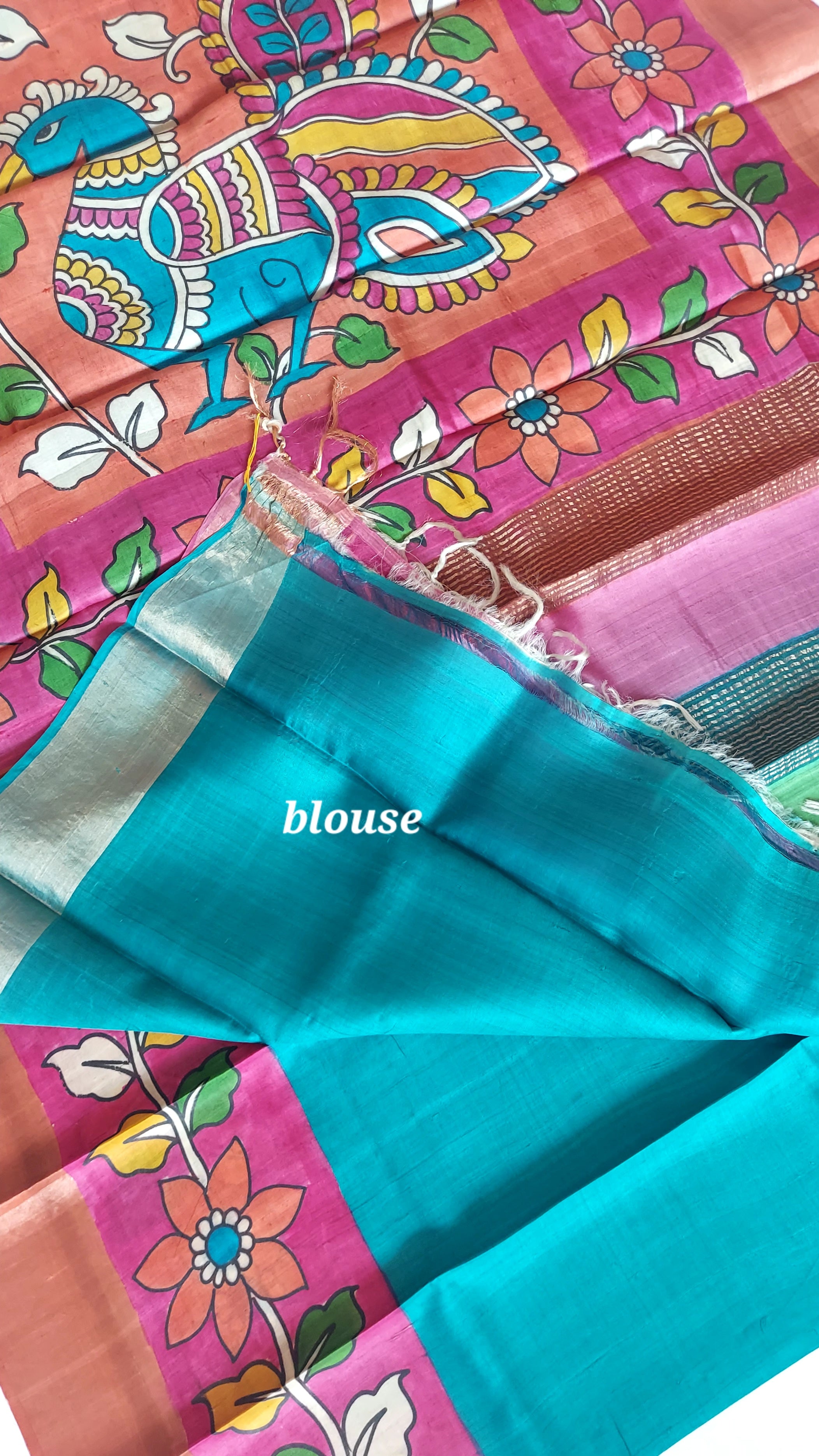 Pure Tussar Silk Saree With Hand Kalamkari- Multi Color