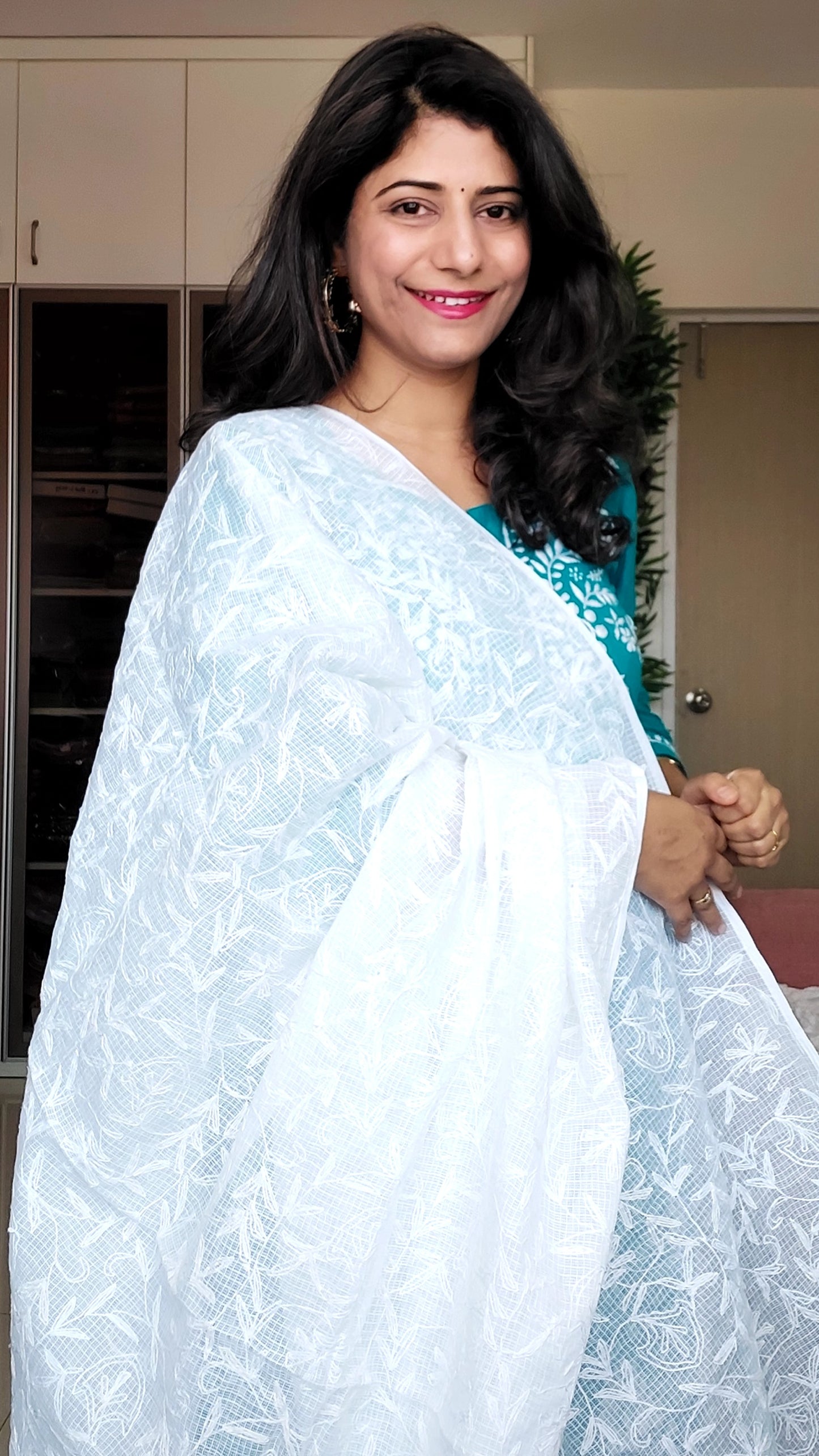 Kota Cotton Saree With Tepchi Chikankari Work- White