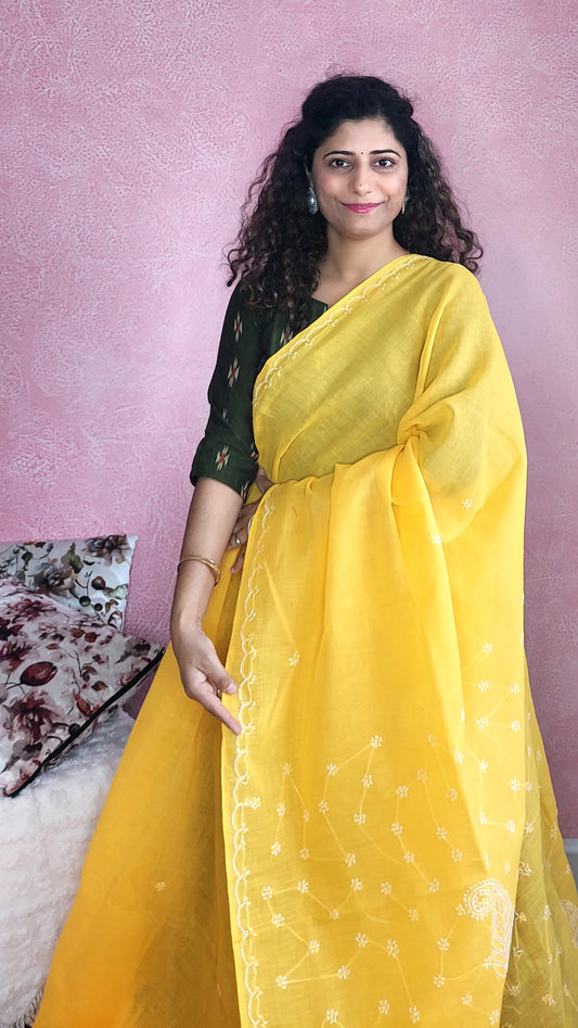 Chikankari Cotton Saree- Deep Yellow