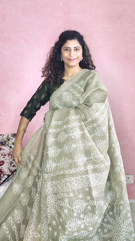 Chikankari Cotton Saree- Olive