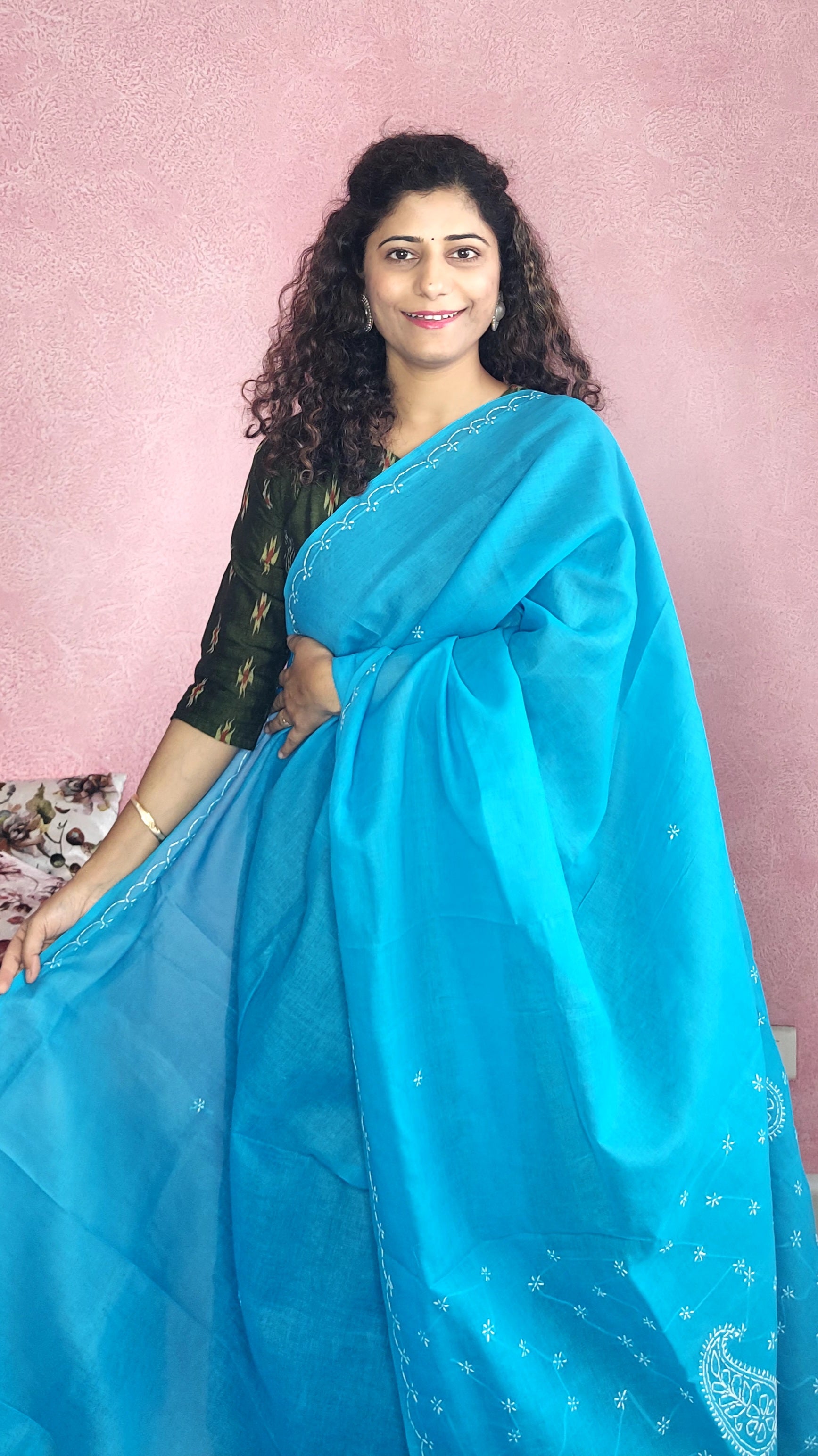 Chikankari Cotton Saree- Blue