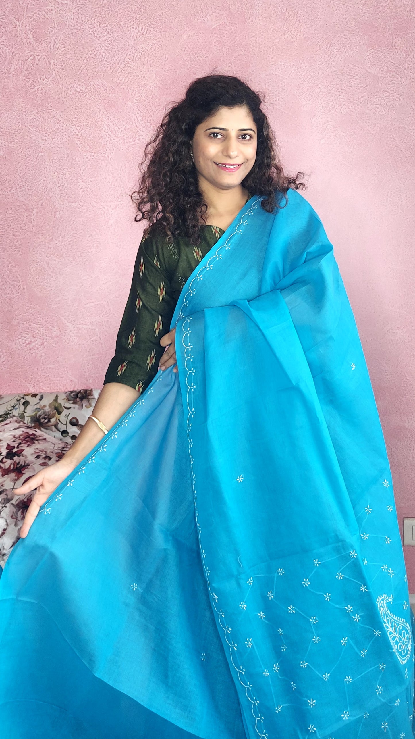 Chikankari Cotton Saree- Blue