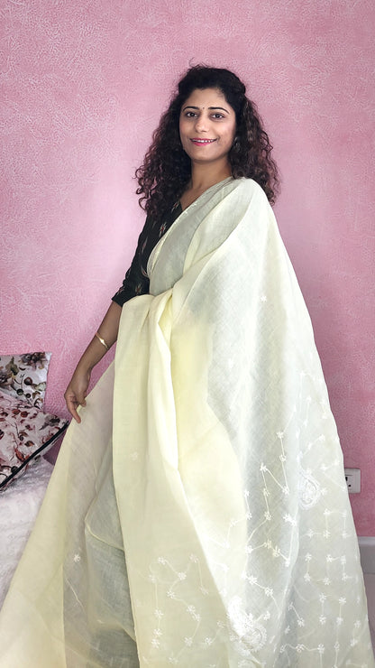 Chikankari Cotton Saree- Lime Yellow 2