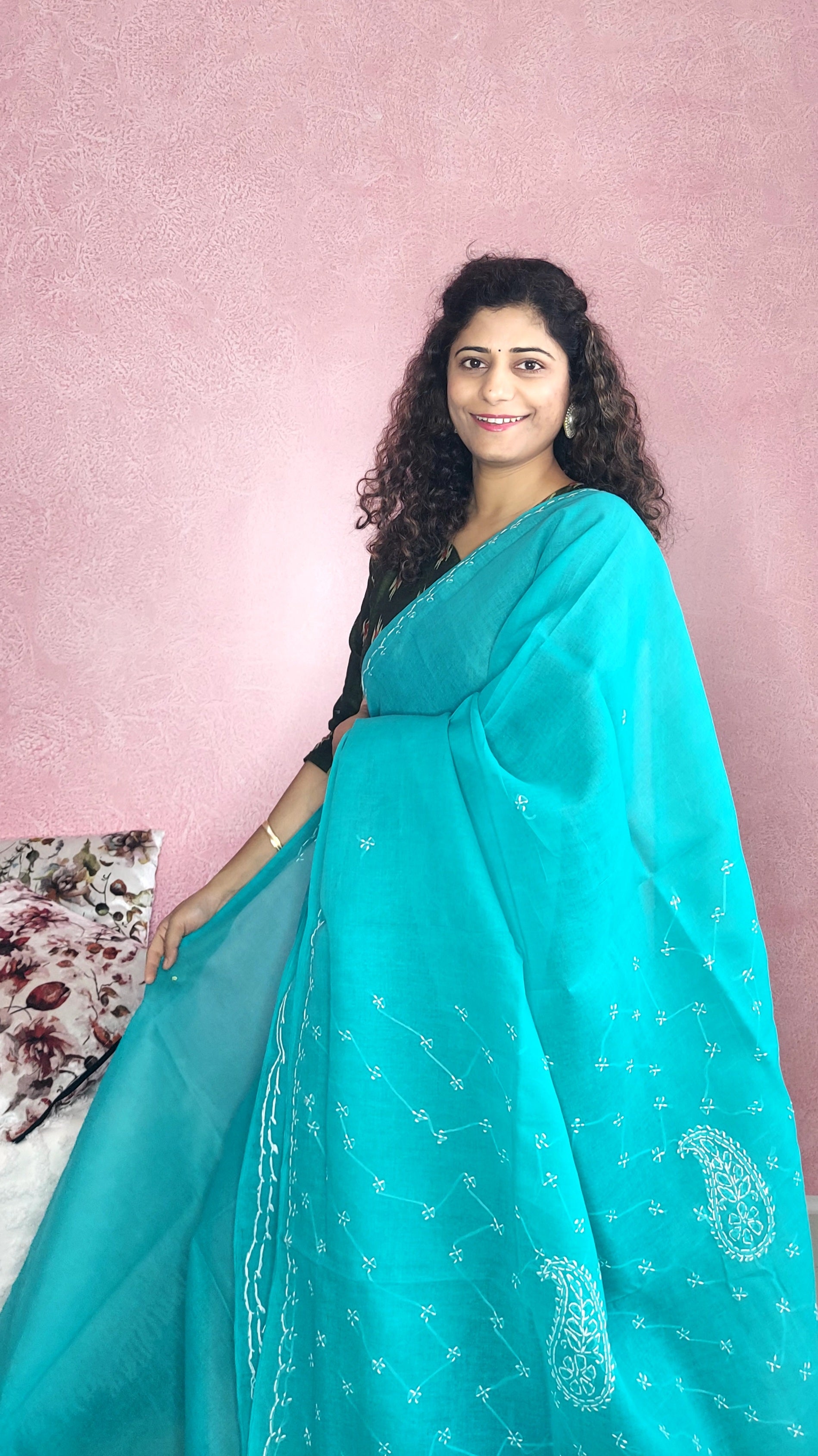 Chikankari Cotton Saree- Sea Green