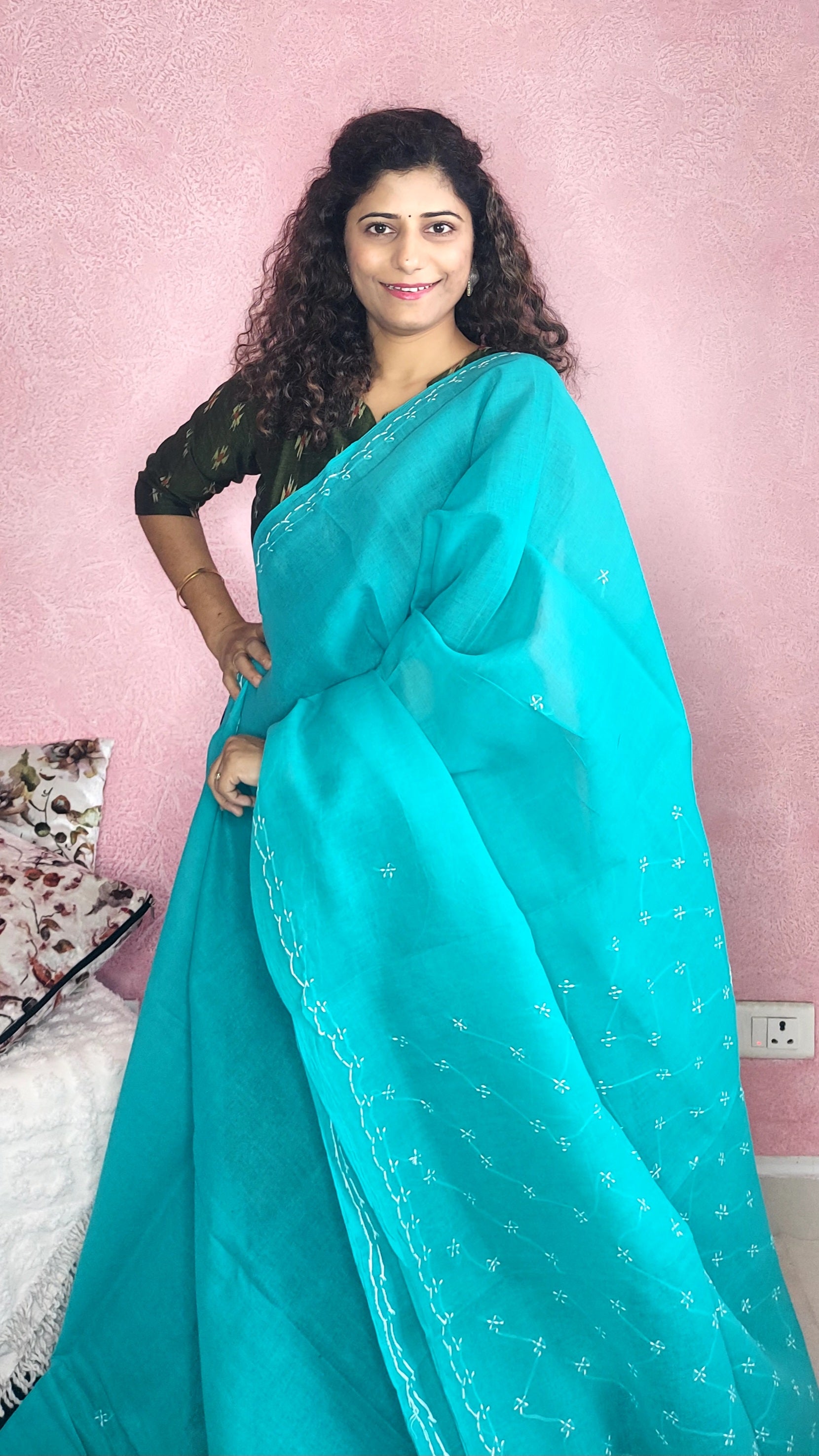 Chikankari Cotton Saree- Sea Green