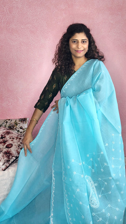 Chikankari Cotton Saree- Sky Blue