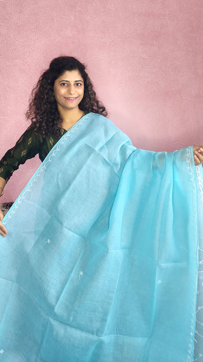 Chikankari Cotton Saree- Sky Blue