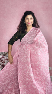 Kota Cotton Saree With Tepchi Chikankari Work- Rosy Pink