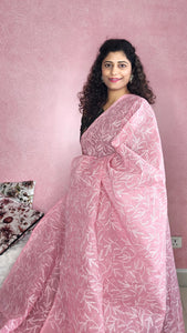 Kota Cotton Saree With Tepchi Chikankari Work- Rosy Pink