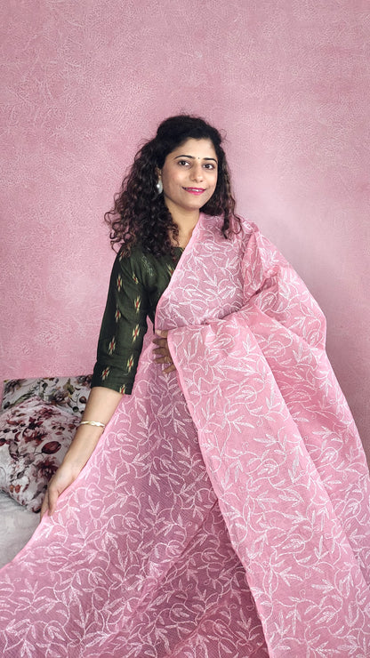 Kota Cotton Saree With Tepchi Chikankari Work- Rosy Pink