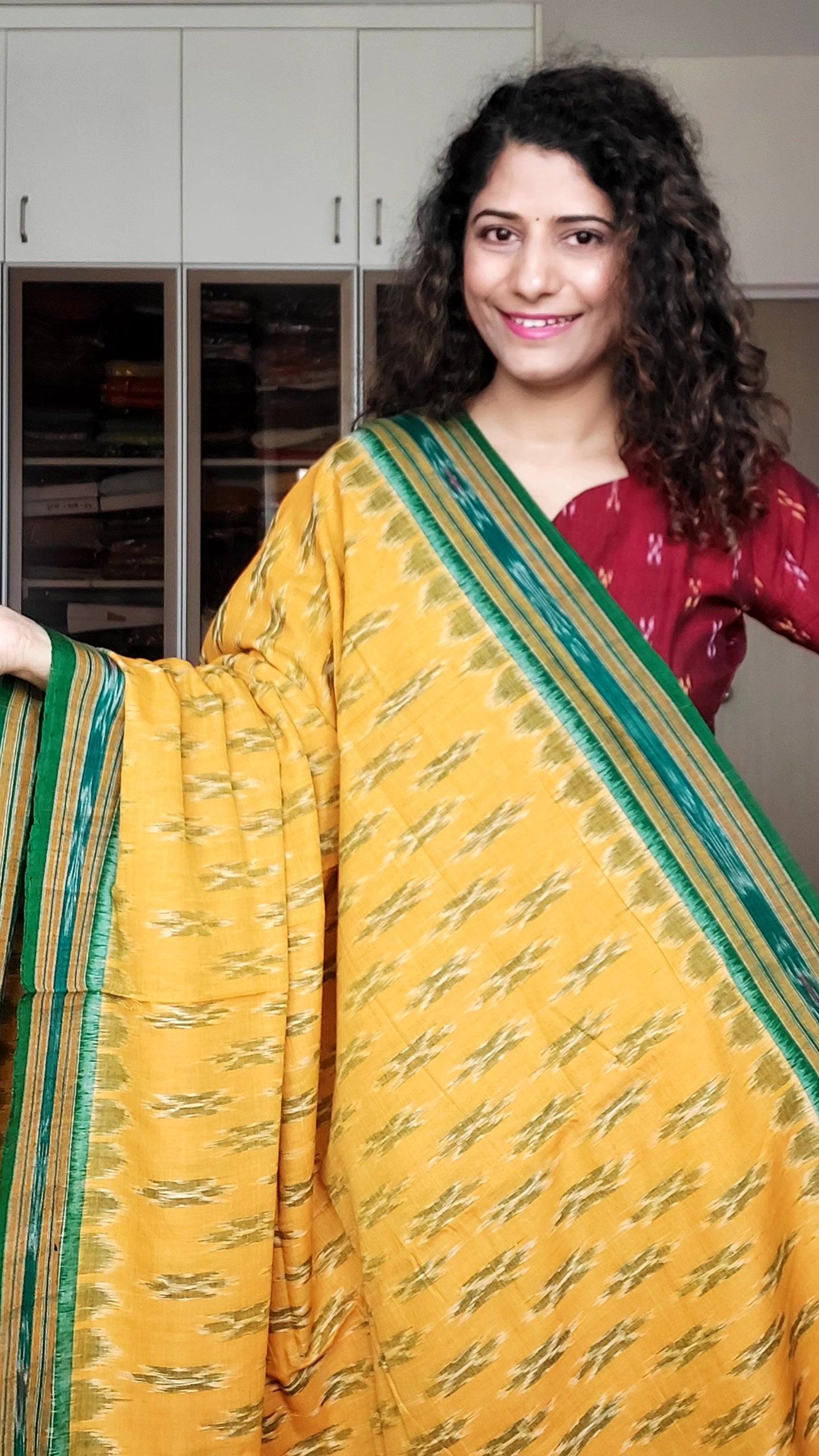 Odisha Ikkat Khandua Cotton Saree- Yellow-Green