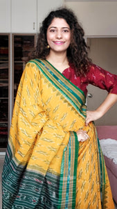 Odisha Ikkat Khandua Cotton Saree- Yellow-Green