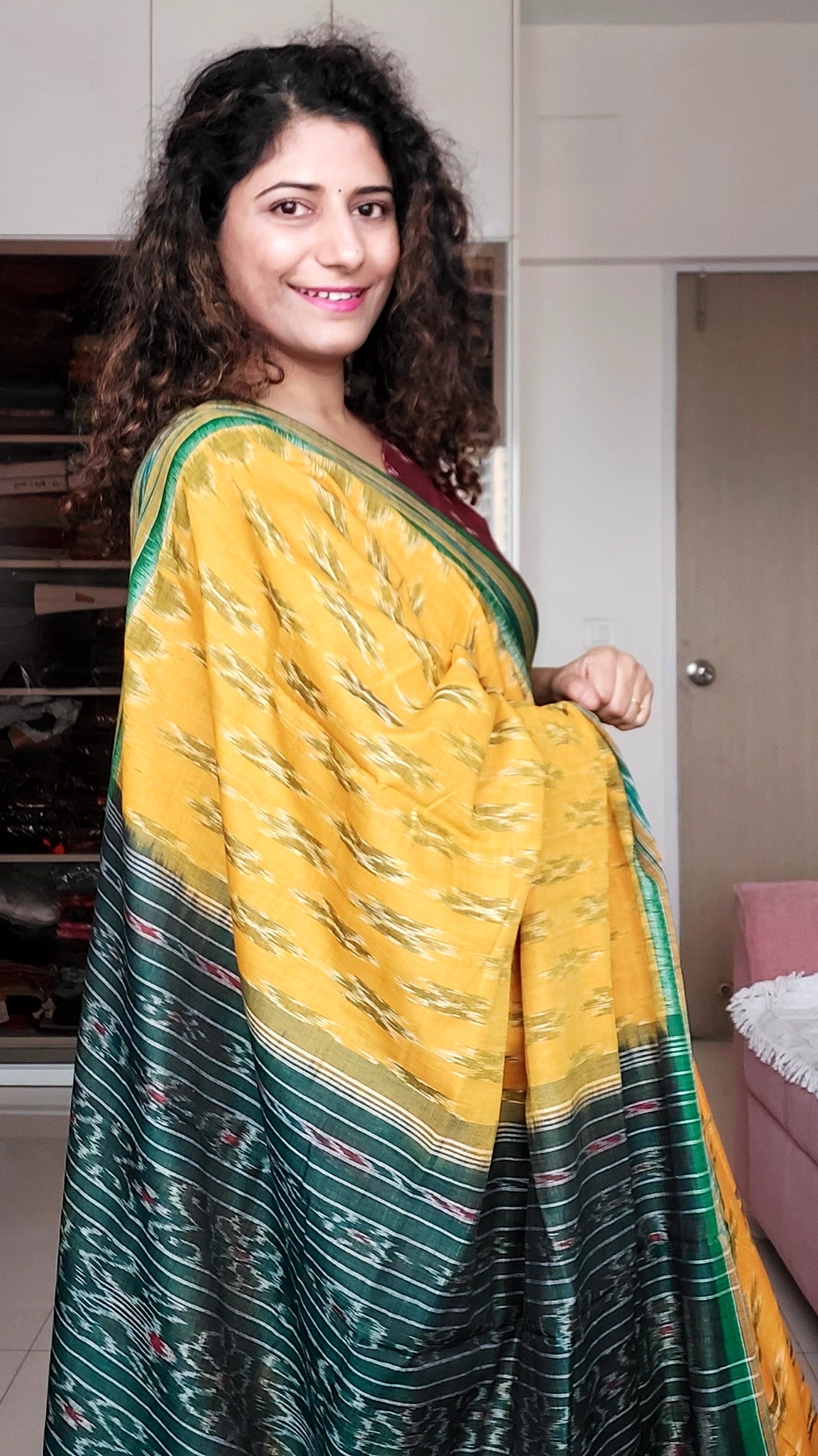 Odisha Ikkat Khandua Cotton Saree- Yellow-Green