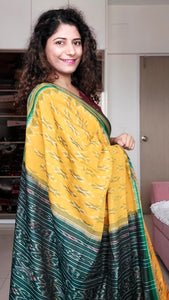 Odisha Ikkat Khandua Cotton Saree- Yellow-Green