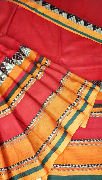 Narayanpet Mercerized Cotton Saree With Broad Border - Red