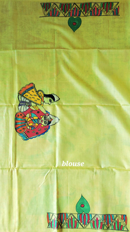 Pure Tussar Silk Madhubani Hand Painted Saree - Lime