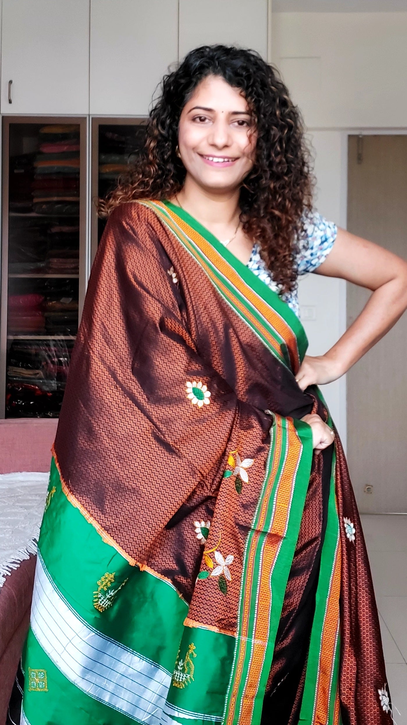 Nath Embroidery Traditional Green Border Khun Saree - Brown